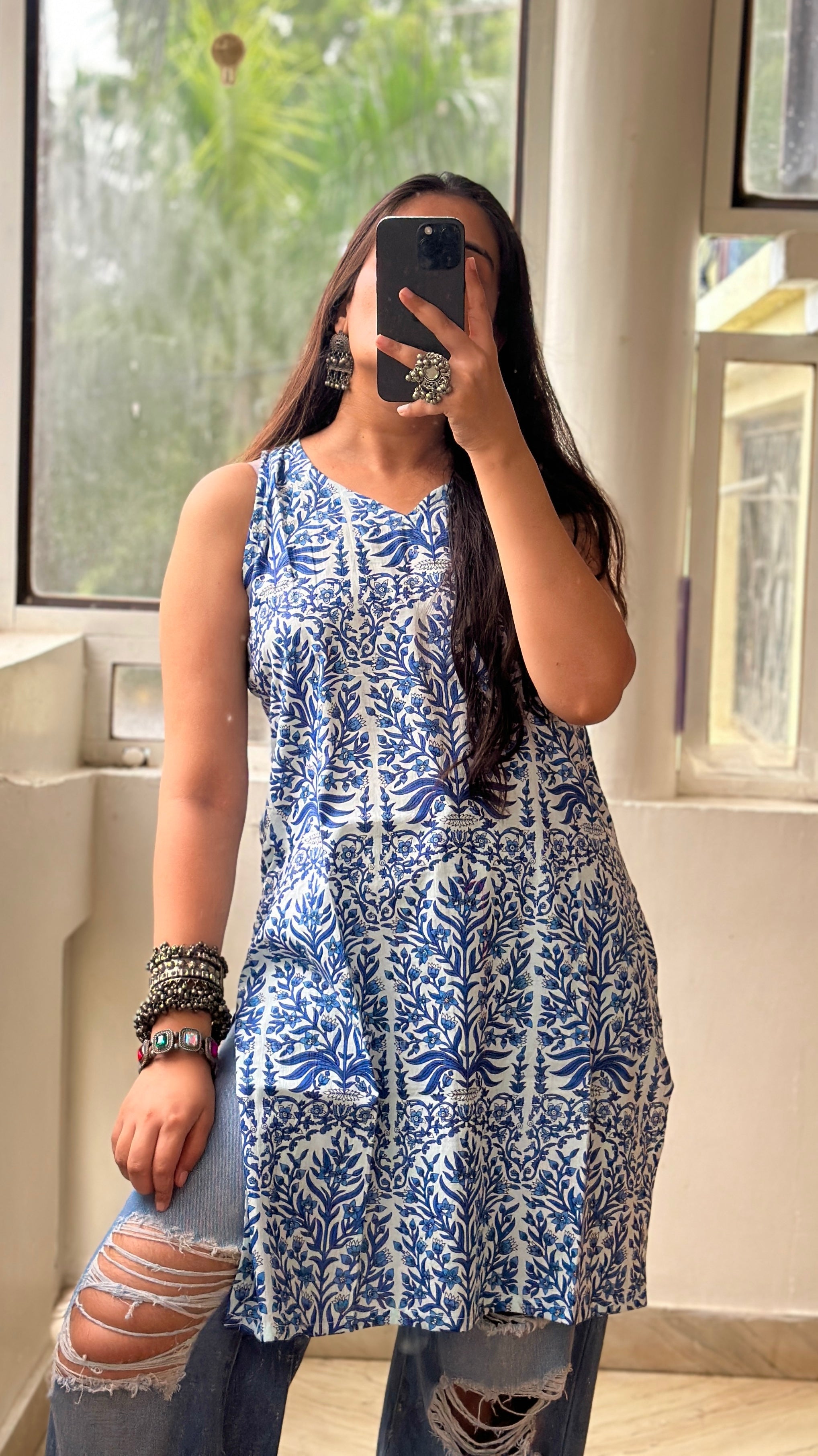 White Blue printed kurti