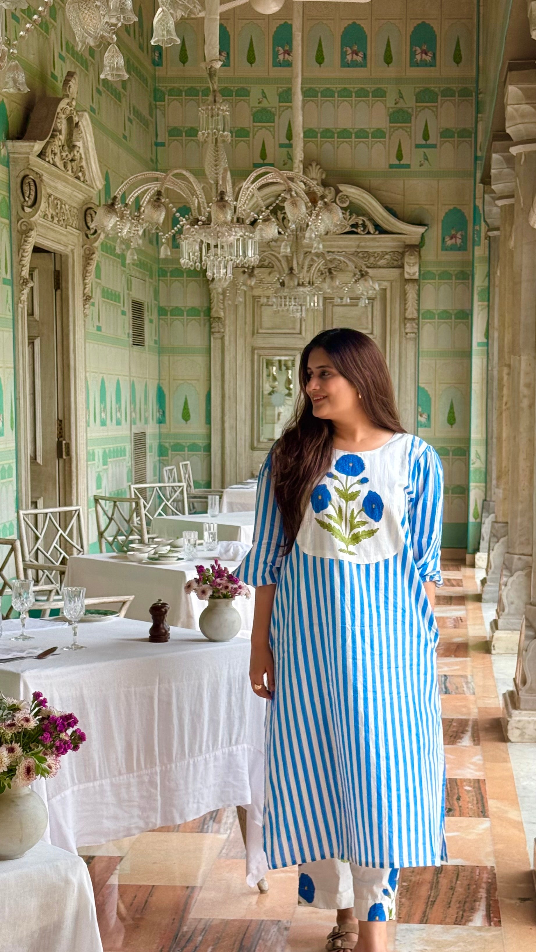 Luxury blue stripe & poppy edit cordset