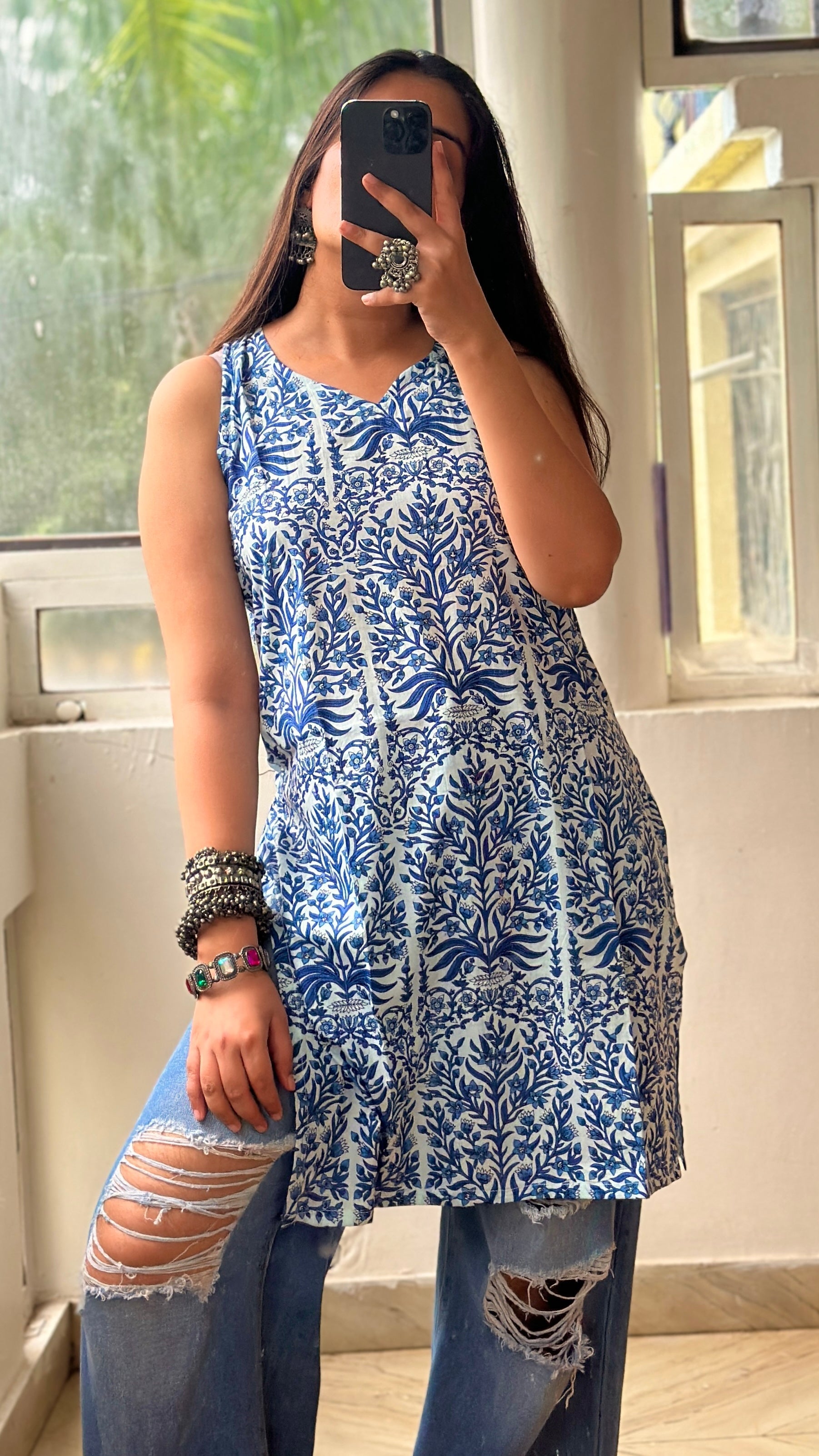 White Blue printed kurti