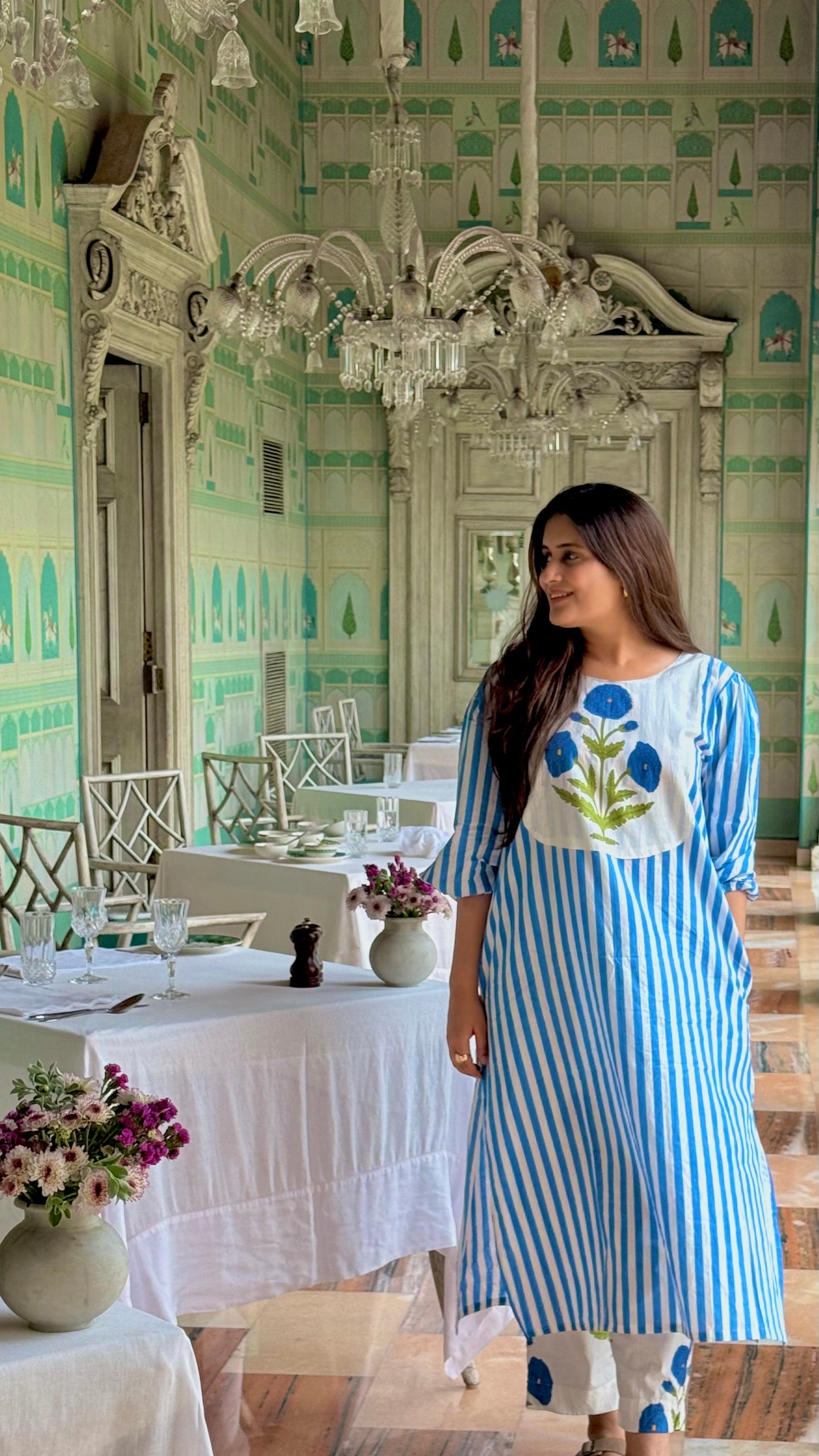 Luxury blue stripe & poppy edit cordset