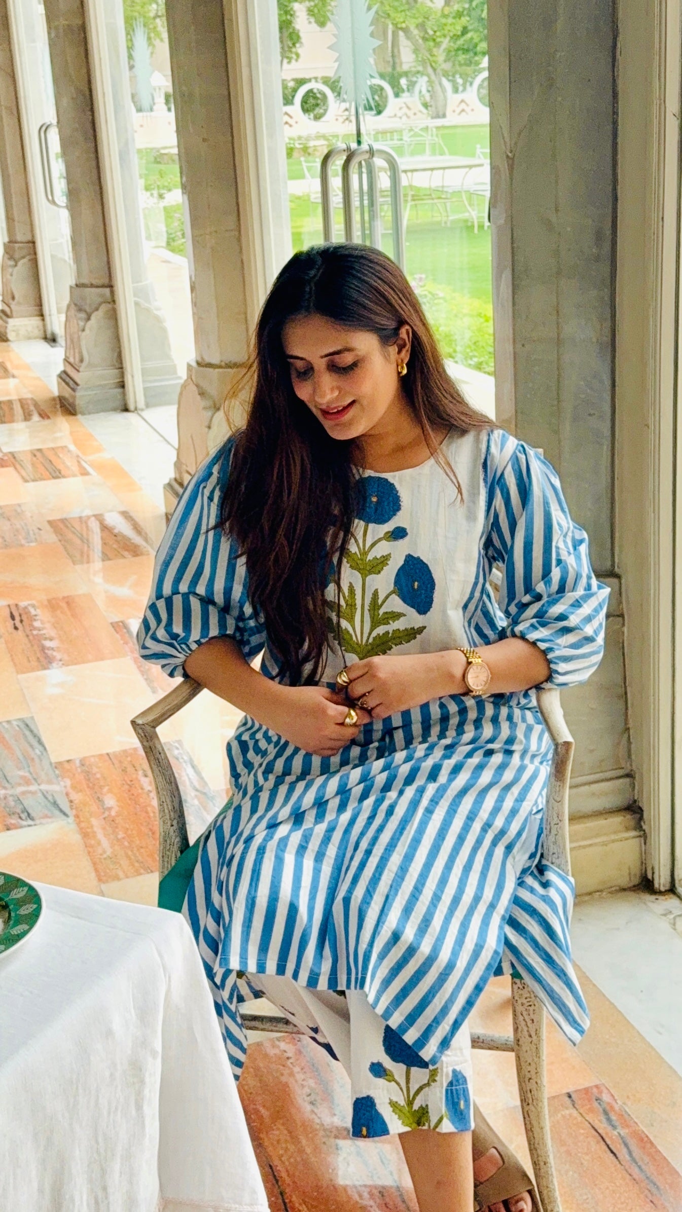 Luxury blue stripe & poppy edit cordset